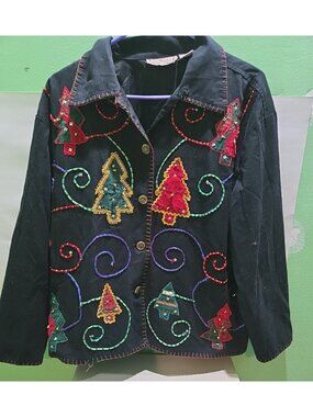 Vintage New Directions Christmas Tree Embroidered Button Down Holiday Jacket L